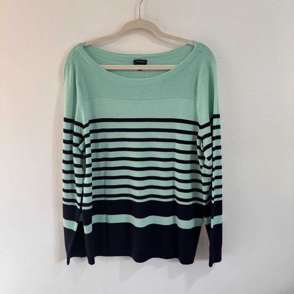 Talbots Sweater XL Pure Merino Wool Nautical Striped Green Blue Boat Neck